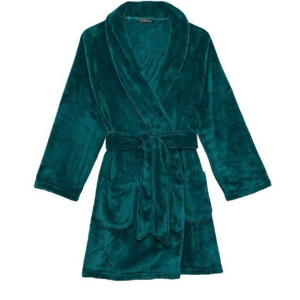 Victoria’s Secret Hunter Green Short Plush Tie Robe Embroidered Logo XS S
